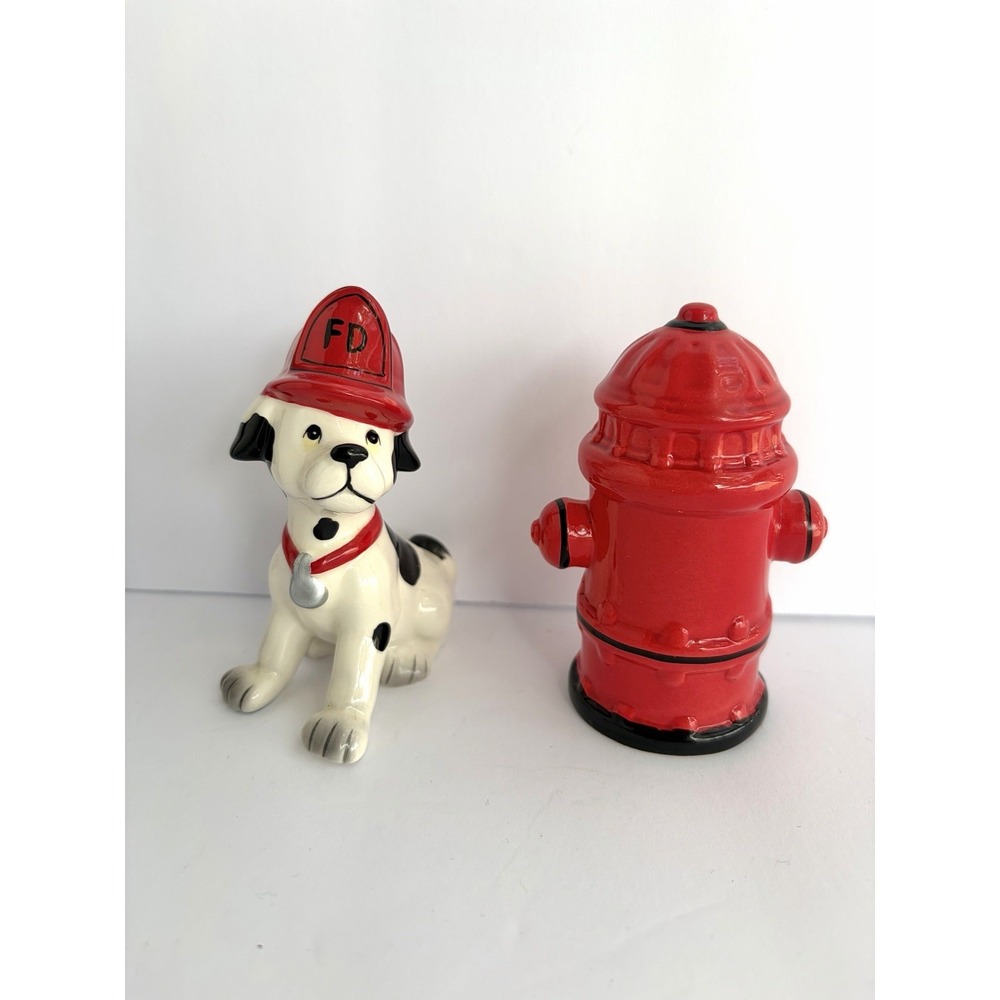 Vintage Dalmation Dog Fire Fighter & Red Fire Hydrant Salt Pepper Shaker